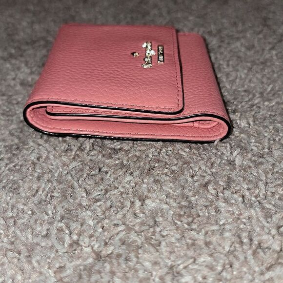Kate Spade Pebbled Leather Trifold Coral Pink Salmon Wallet w Striped Lining - Picture 6 of 16